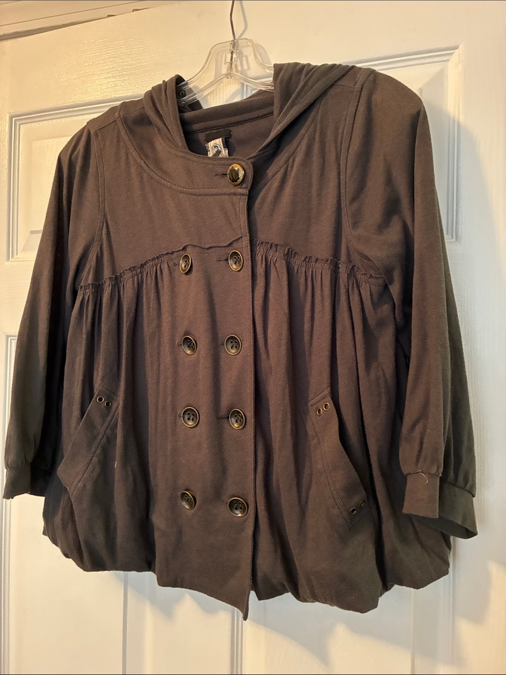 Free People Brown Double-Breasted Hooded Pea Coat